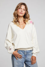 Load image into Gallery viewer, Chaser Embroidery Roses Pullover in Cream
