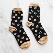 Vintage Daisy Flower Socks - Taupe/Black