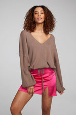 Load image into Gallery viewer, chaser-diamond-deep-taupe-long-sleeve-sweater-front-pose
