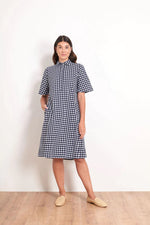 Load image into Gallery viewer, Foil Full Swing Trapeze Navy Checker Dress
