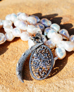 Load image into Gallery viewer, White Pearl13-15 mm Baroque Necklace with Diamond Clasp, Half Moon Diamond Pendant, Star Cluster Diamond Pendant
